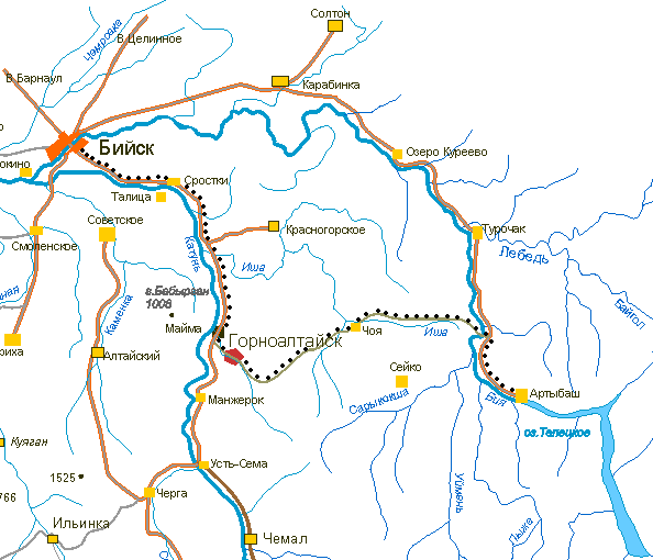 Дорога от Барнаула до Телецкого озера на карте