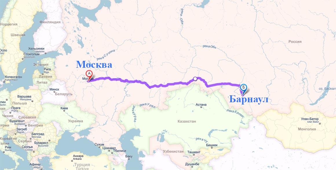 Расстояние между Москвой и Барнаулом на карте