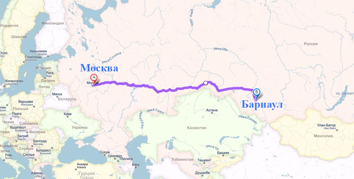 Расстояние между Москвой и Барнаулом на карте